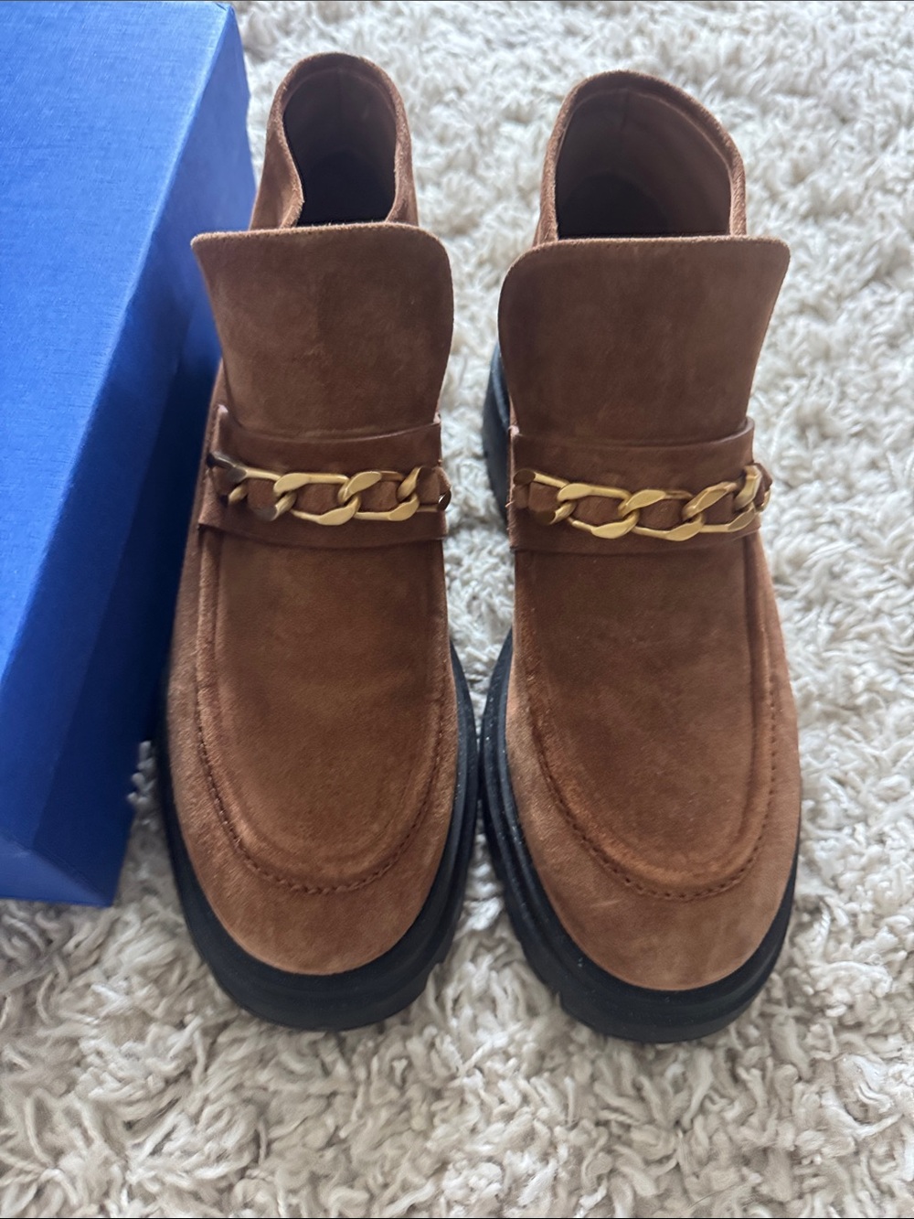 Stuart Weitzman Brown Suede Chain-Trim Chukka booties | 8.5